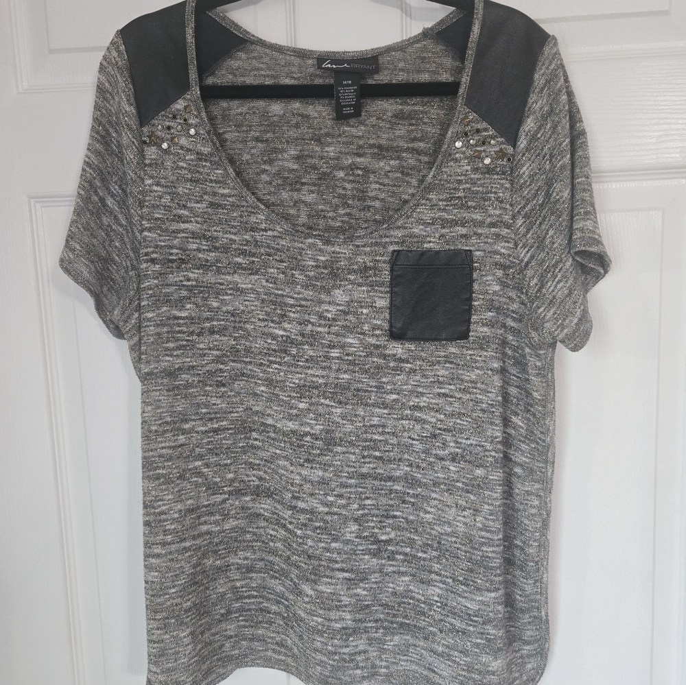 Lane BRYANT Gray Metallic Top With Black Leather Accents Size 14/16